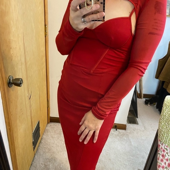 NWT Rosedress Red Corset Top Mesh Long Sleeve Midi Dress - Picture 3 of 13
